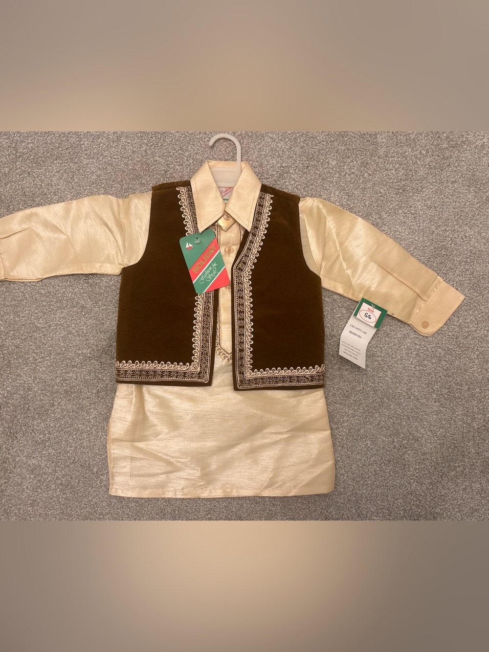 Kids Traditional Sherwani Set with Brown Vest and Gold Tunic, size small.